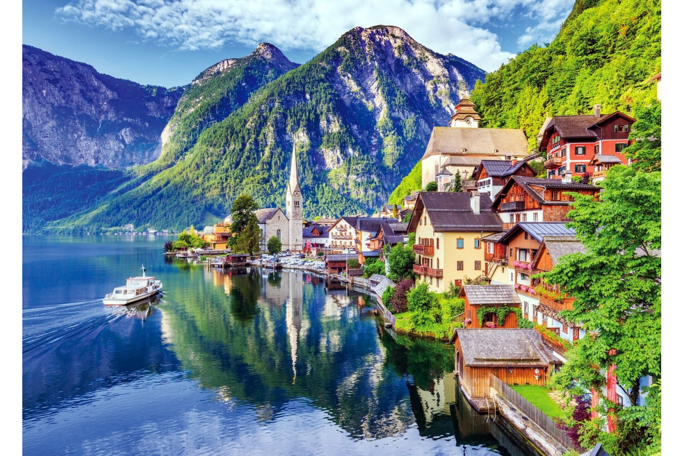 Puzzle TinyPuzzle - Hallstatt Lake and Village with Boat, 99 piese (1021) imagine