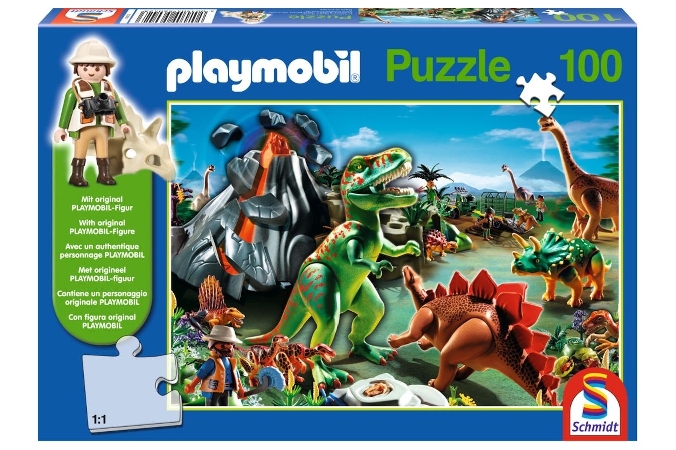 Puzzle Schmidt - In tinutul dinozaurilor, 100 piese, include 1 figurina Playmobil (56042)