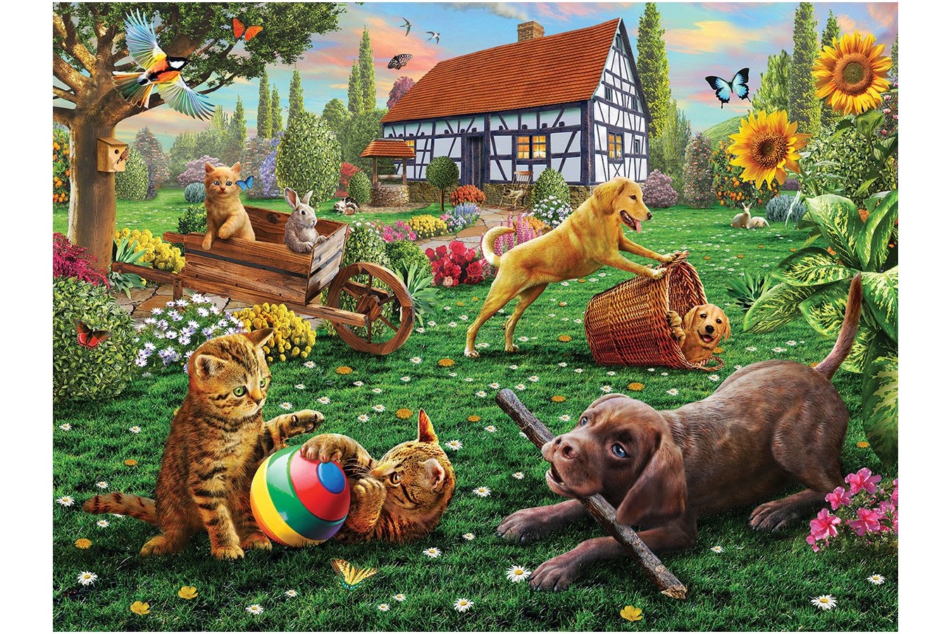 Puzzle Sunsout - Adrian Chesterman: Dogs and Cats at Play, 1.000 piese (51884)