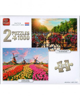 Puzzle King International - Dutch Collection Sunrise Over Amsterdam & Zaanse Schans, 2x1000 piese (King-Puzzle-05810)