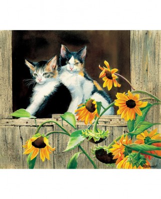 Puzzle SunsOut - Susan Bourdet: Kittens and Sunflowers, 550 piese (Sunsout-28975)