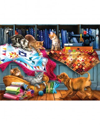Puzzle SunsOut - Tom Wood: Quilting Room Mischief, 300 piese XXL (Sunsout-28832)