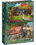 Puzzle din lemn Falcon - Woodland Cottages, 2x1000 piese (Jumbo-11294)