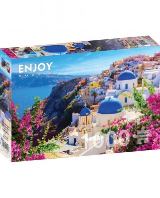 Puzzle 1000 piese - Santorini View with Flowers, Greece (Enjoy-1083)