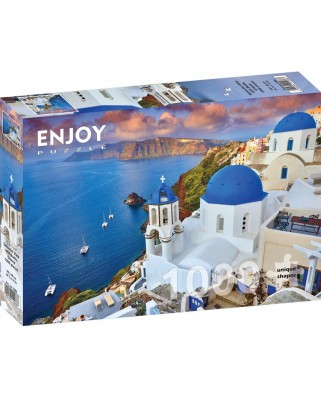 Puzzle 1000 piese - Santorini View with Boats, Greece (Enjoy-1086)
