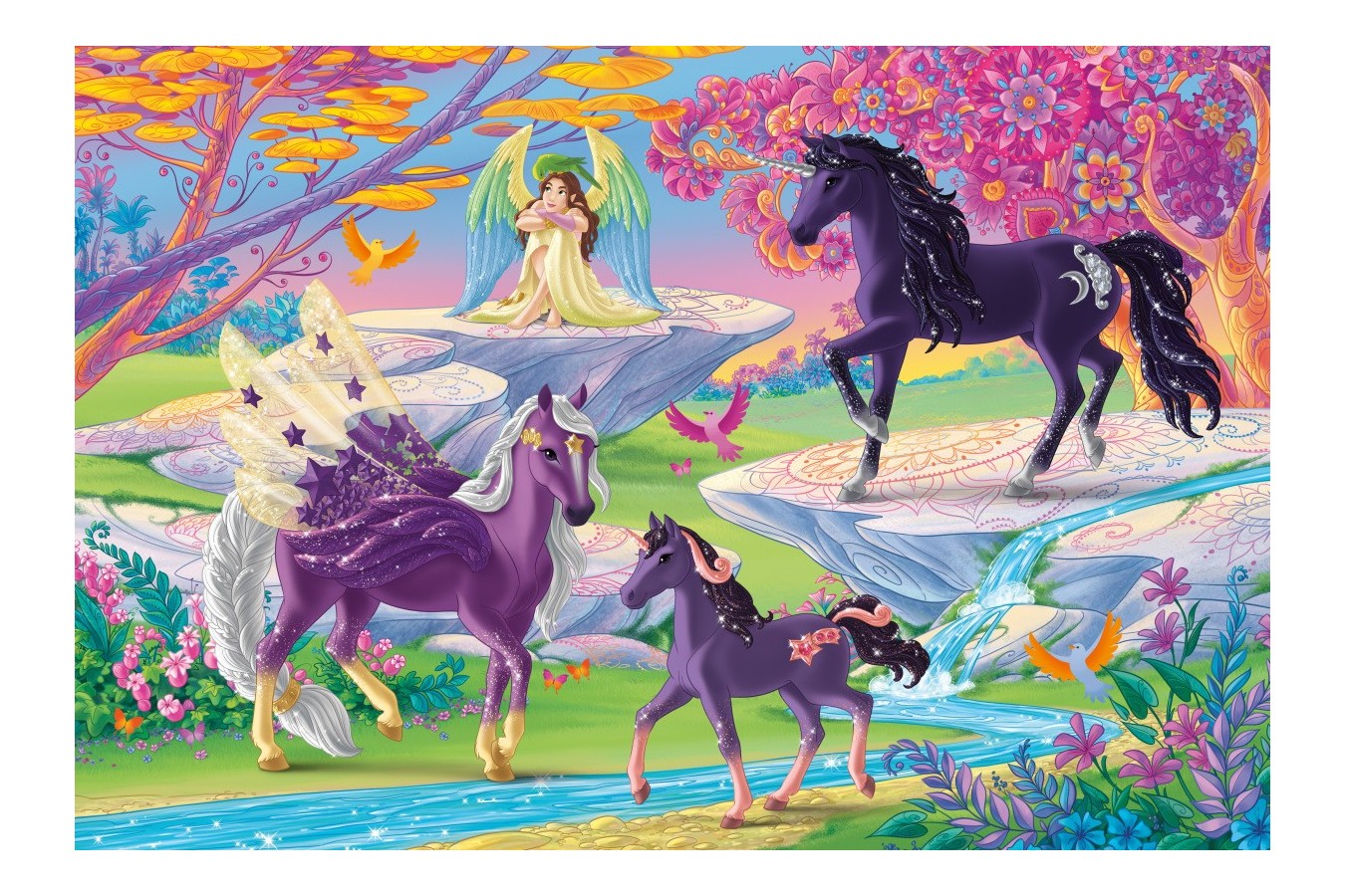Puzzle 100 piese - Schleich: Glade With Unicorn Family (Schmidt-56396)