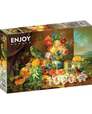 Puzzle 1000 piese Enjoy - Josef Schuster: Still Life with Fruit Flowers and a Parrot (Enjoy-1191)