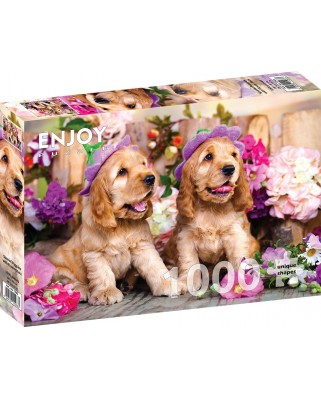 Puzzle 1000 piese Enjoy - Spaniel Puppies with Flower Hats (Enjoy-1263)