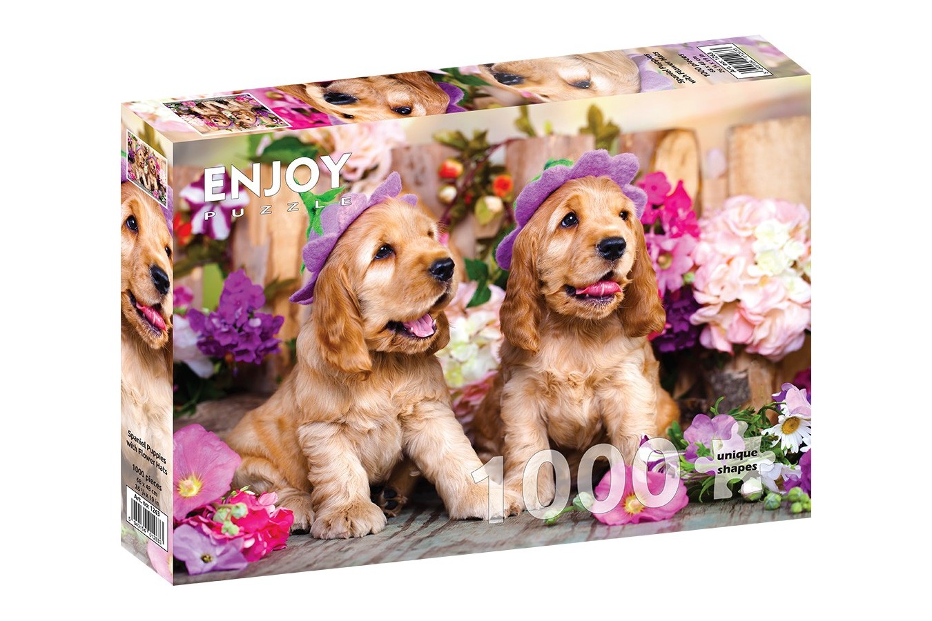 Puzzle 1000 piese - Spaniel Puppies with Flower Hats (Enjoy-1263)