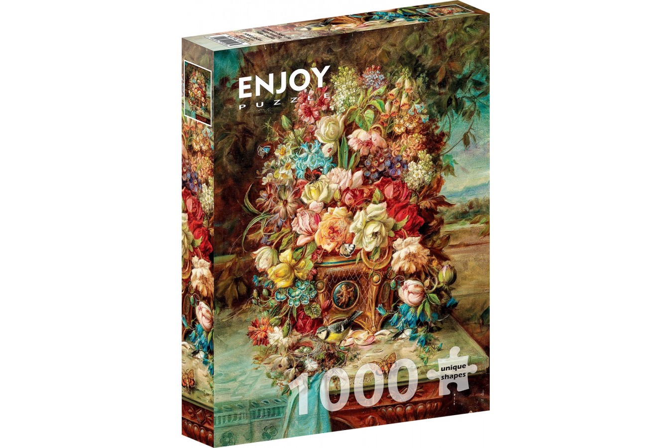 Puzzle 1000 piese Enjoy - Hans Zatzka: Flowers Still Life with Blue Tit (Enjoy-1518)
