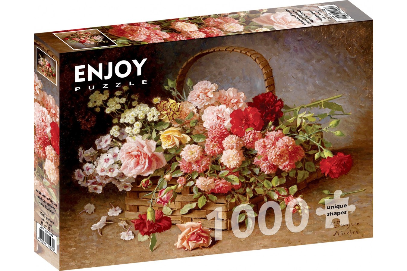 Puzzle 1000 piese Enjoy - Hans Buchner: A Basket of Roses and Carnations (Enjoy-1530)