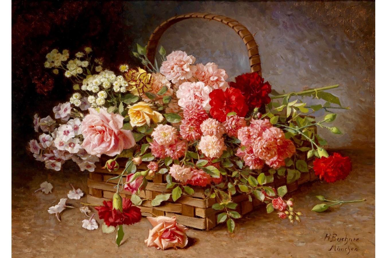 Puzzle 1000 piese Enjoy - Hans Buchner: A Basket of Roses and Carnations (Enjoy-1530)