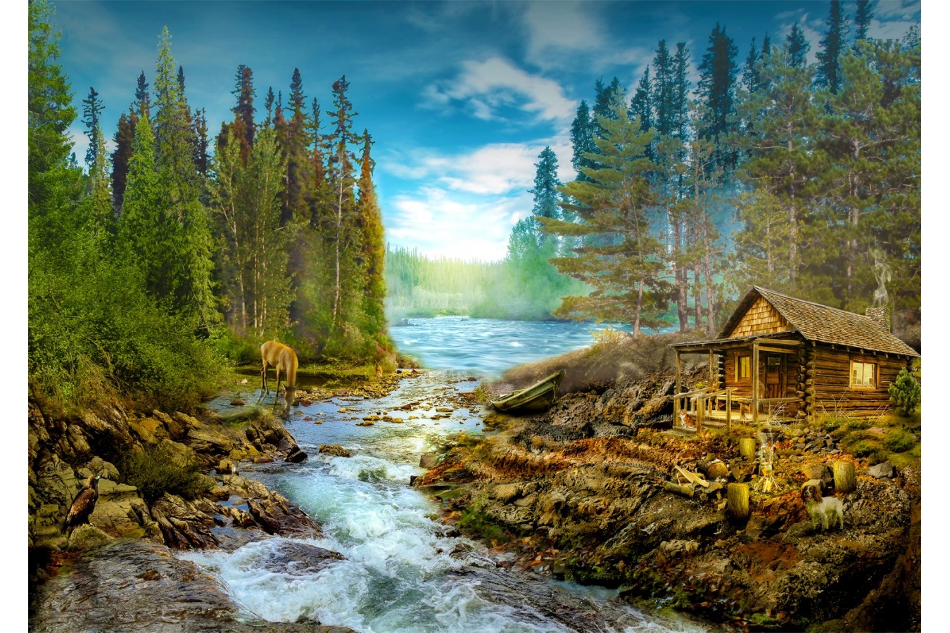 Puzzle 1000 piese Enjoy - A Log Cabin by the Rapids (Enjoy-1605)