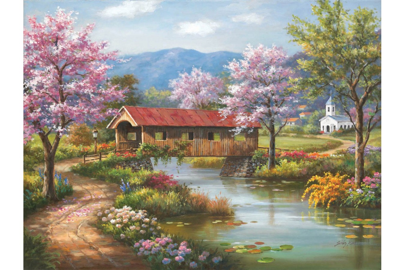 Puzzle 1000 piese SunsOut - Covered Bridge in Spring (Sunsout-36607)