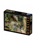 Puzzle 1000 piese D-Toys - Peder Mork Monsted: An Old Woman Watering the Flowers Behind a Thatched Farmhouse (Dtoys-77646)