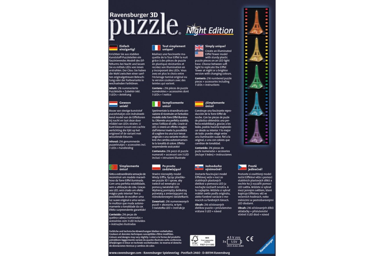 Puzzle 3D Ravensburger - Turnul Eiffel Noaptea, 216 piese (12579)