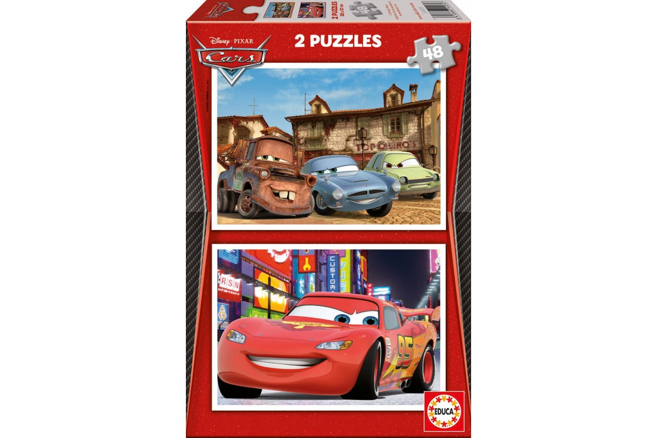 Puzzle din lemn Educa - Disney Cars 2: Piston Cup and Radiator Springs, 2x48 piese (14939)