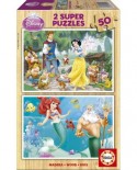 Puzzle din lemn Educa - Disney Princesses: Snow-White and Ariel, 2x50 piese (15592)
