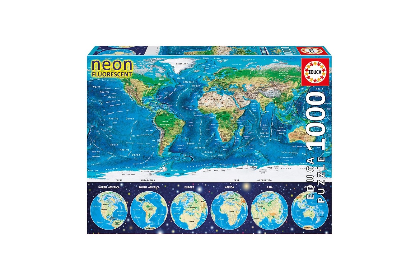 Puzzle Educa - Neon World Map, 1000 piese, include lipici puzzle (16760)