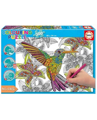 Puzzle de colorat Educa - Hummingbird, 300 piese, include lipici puzzle (17083)