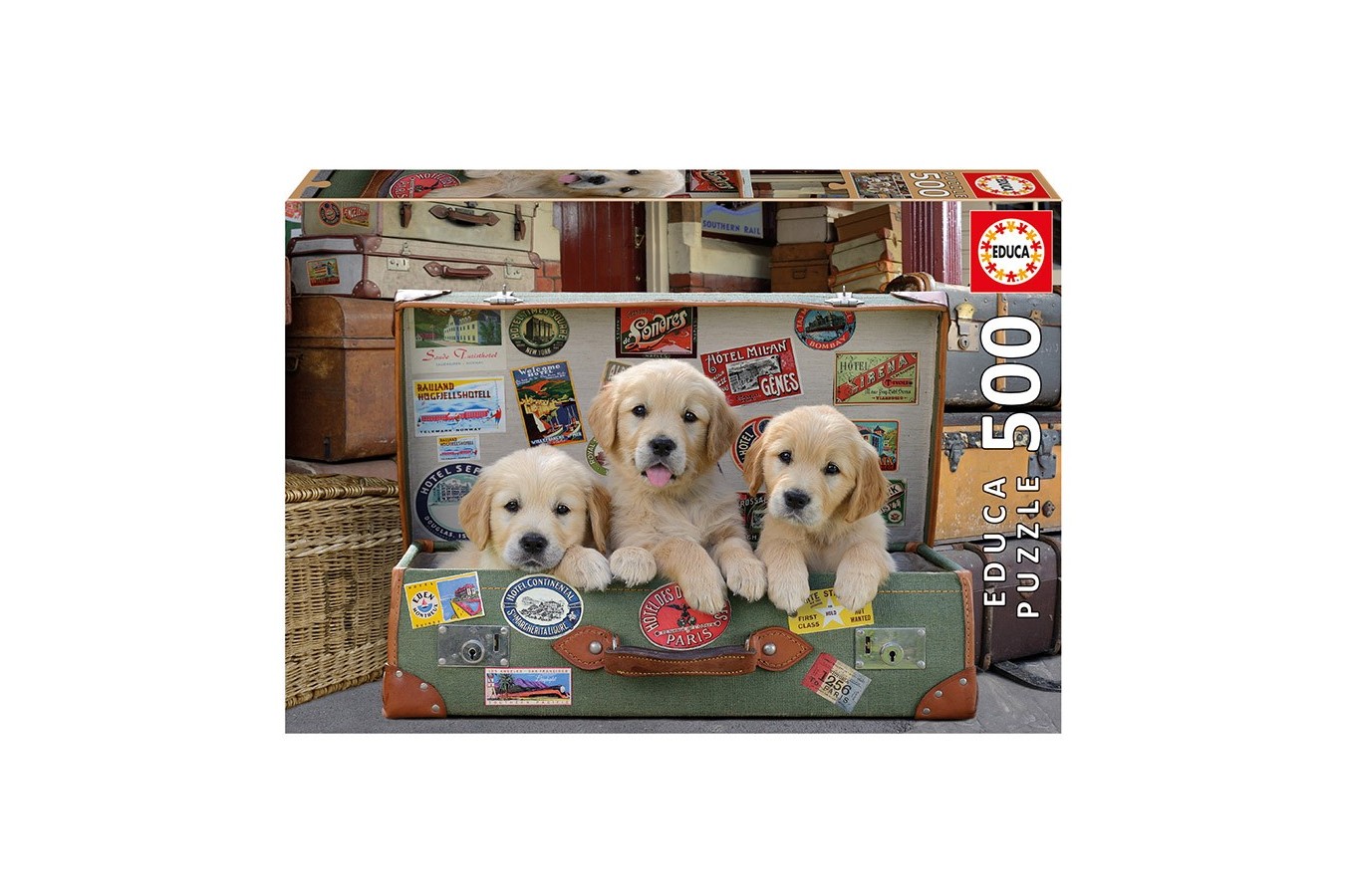 Puzzle Educa - Puppies in the luggage, 500 piese, include lipici puzzle (17645)