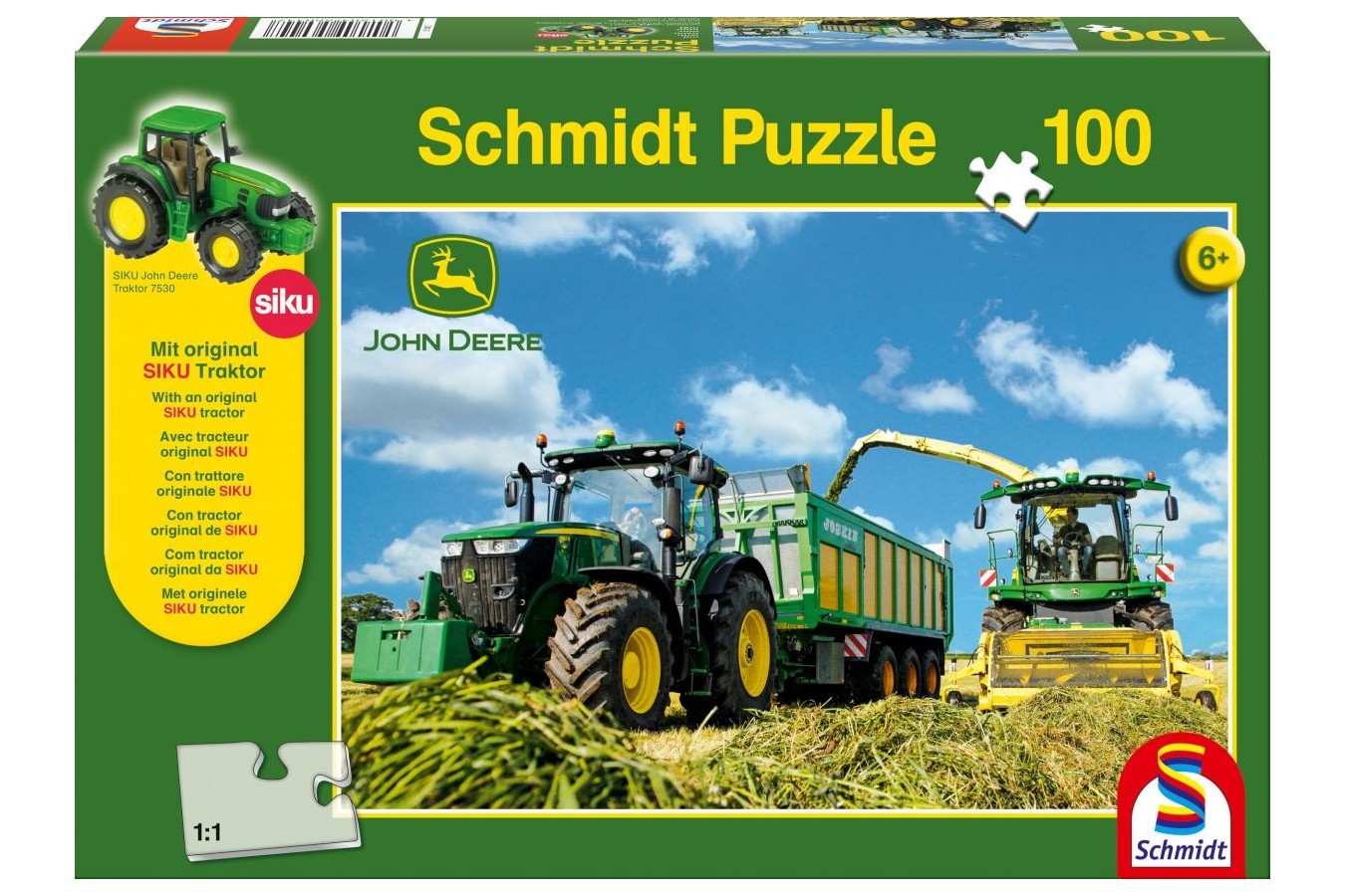 Puzzle Schmidt - Tractor 7310R si masina de recoltat furaje 8600i, 100 piese, include 1 tractor Siku (56044)