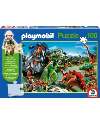 Puzzle Schmidt - In tinutul dinozaurilor, 100 piese, include 1 figurina Playmobil (56042)