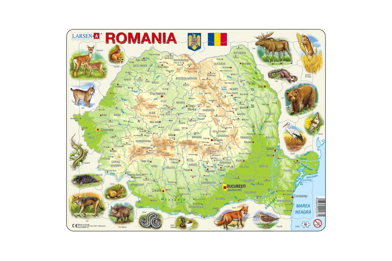 Puzzle Larsen - Physical Map of Romania, 68 piese (K67-RO)