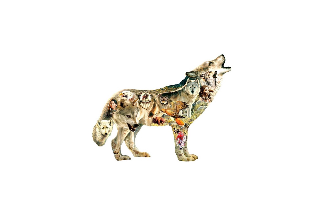 Puzzle contur Sunsout - Greg Giordano: Native American Wolf, 750 piese XXL (96049)